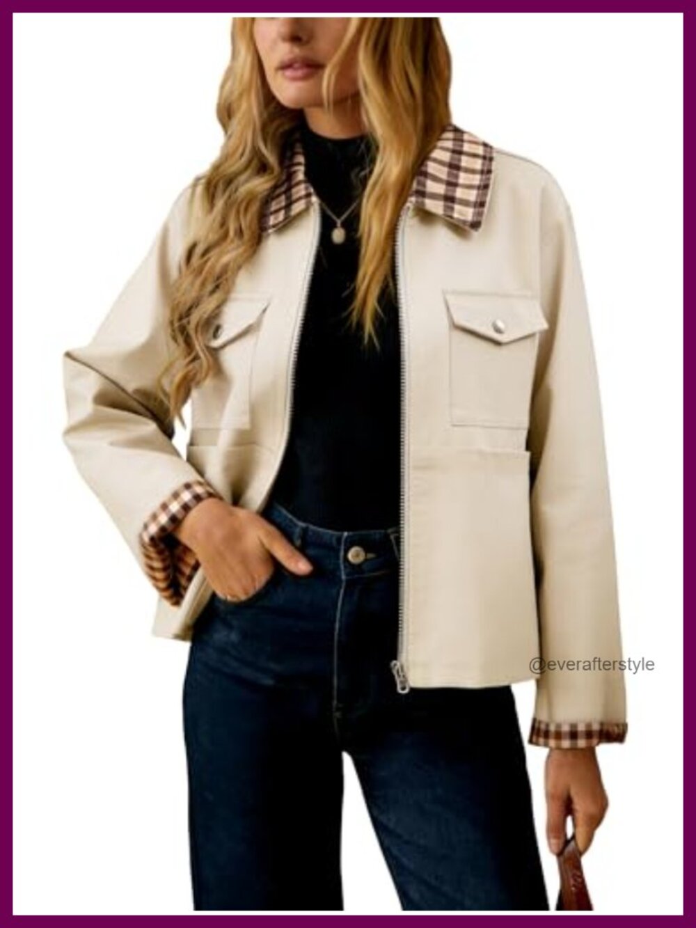 Lightweight Plaid Zip-Up Casual Barn Jacket with Pockets